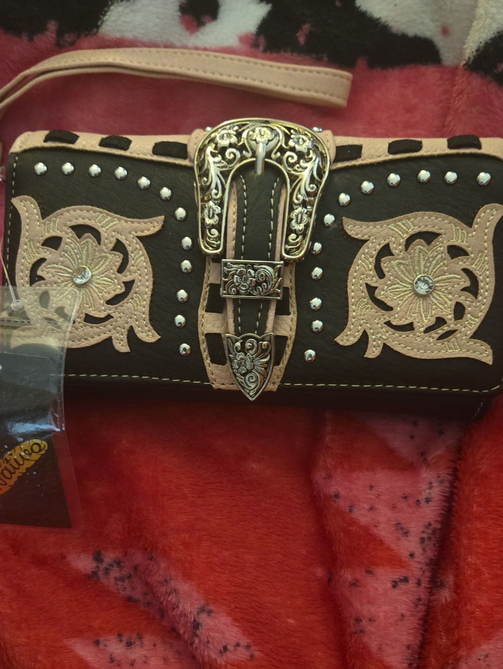 Western Leather  Floral Silver Tone Buckle Wristlet Clutch, NWT